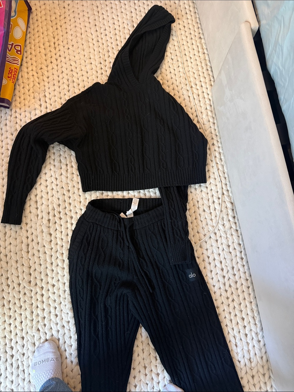 ALO Yoga Black Cable-Knit Hoodie & Joggers Set